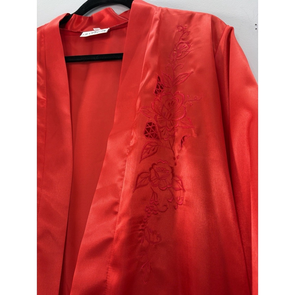 Vintage Liz Claiborne Women M Red Satin Kimono Sleep Set Embroidered Floral Sexy - Picture 3 of 11